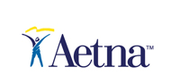 The image is a logo featuring a stylized graphic with a person s silhouette holding up a banner, accompanied by text that includes  AETNA  and  Aetna Health Insurance.