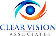 The image displays a logo with the text  CLEAR VISION ASSOCIATES  above a graphic that includes a stylized eye within a circle, which is colored blue, orange, and red, set against a light background.